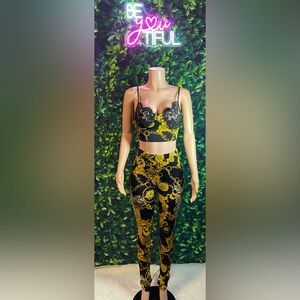 Black and Gold Lace Bralette and Pants Set